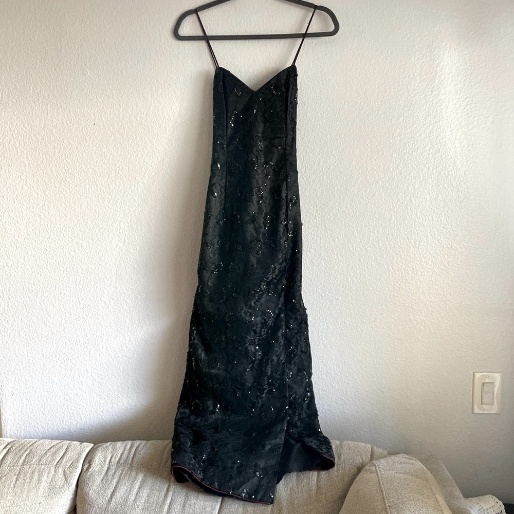 Vintage Black Sequin Lace Dress with Maroon lining and cross back